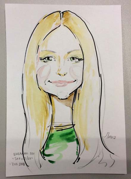 Шарж Лины в зеленом платье от шаржиста Михаила Шабалина