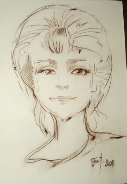 Шарж девушки сепией, нарисованный Мишелем на корпоративе Минск
