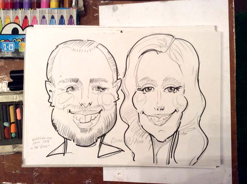 Шарж Димы и Ани маркером и черным карандашом от Мишеля 